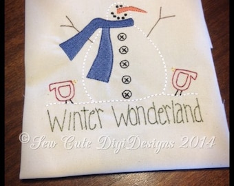Primitive Country Winter Wonderland Snowman Redwork Machine Embroidery Design - Instant Download