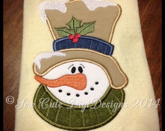 Snow covered Snowman with a some holly stuffed in his hat - applique design - Instant Download