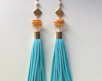 Sky Blue Tassel Earrings with Carnelian Stone Stack & Howlite Accent