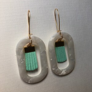 Statement Oval Earrings in Shimmery White Lightweight Acetate w/ Aqua Faux Suede Fringe & Gold