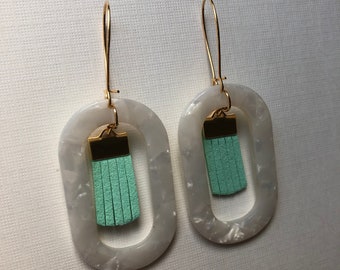 Statement Oval Earrings in Shimmery White Lightweight Acetate w/ Aqua Faux Suede Fringe & Gold
