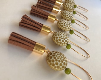 Spotty Dotty Vintage Acrylic Bead Earrings with Gold & Vegan Suede Tassel