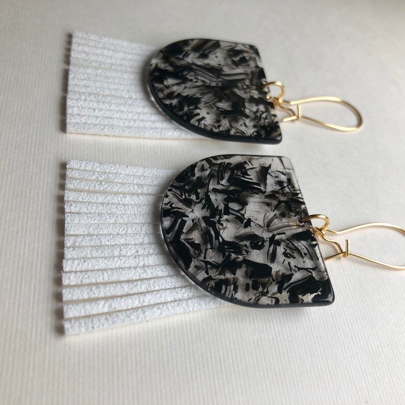Lightweight Acetate Half Circles in Black Window Confetti with White Faux Suede Fringe and 22K Gold Kidney Wire Drops