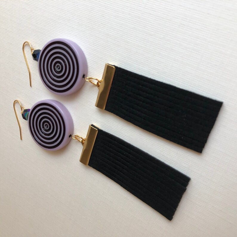 Lilac Vintage Lucite Circles with Wide Black Fringe /& Gold