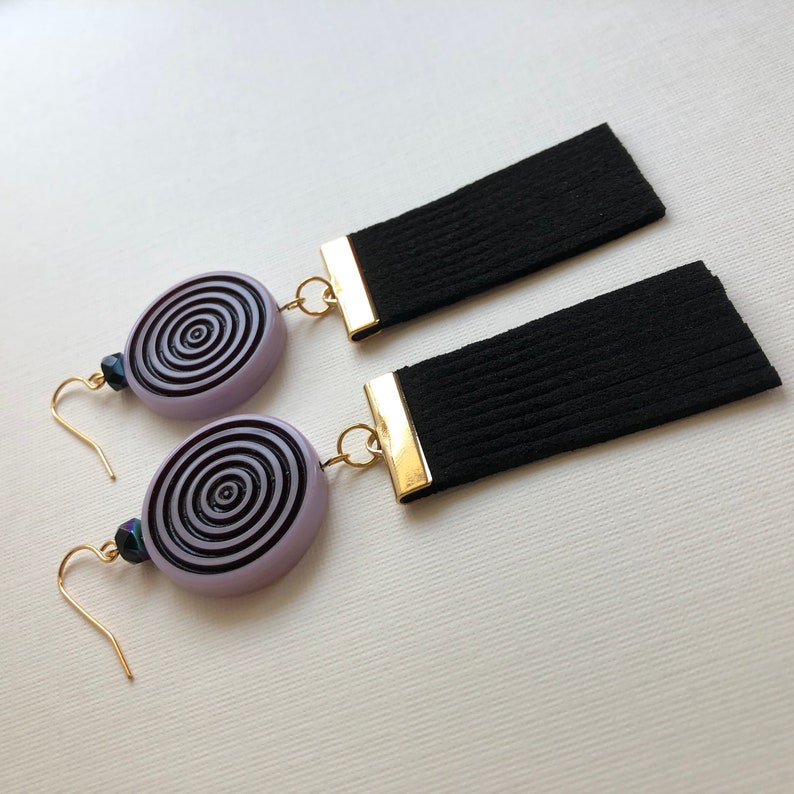 Lilac Vintage Lucite Circles with Wide Black Fringe /& Gold