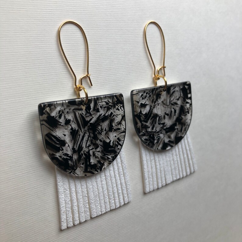 Lightweight Acetate Half Circles in Black Window Confetti with White Faux Suede Fringe and 22K Gold Kidney Wire Drops