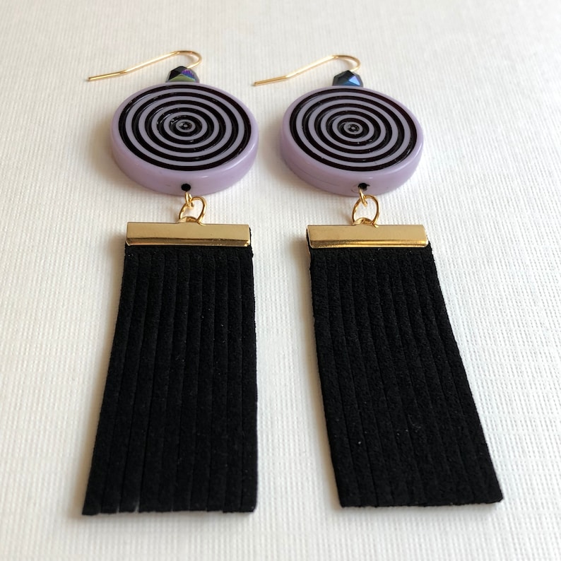 Lilac Vintage Lucite Circles with Wide Black Fringe /& Gold