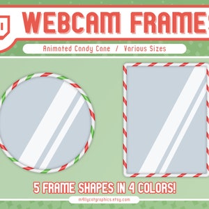May include: Webcam frames with candy cane designs. The image shows a circular and rectangular frame, both with red, white, and green stripes. Text at the top reads "WEBCAM FRAMES". Additional text states "5 FRAME SHAPES IN 4 COLORS!"