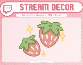 May include: Animated illustration of two red strawberries with green leaves and yellow sparkles. The text "Animated Strawberries / 2181 x 1800px" is below the strawberries.