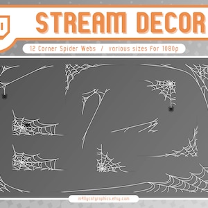 May include: Twelve corner spider web graphics in various sizes for 1080p resolution. The webs are white and feature a black spider in each corner. The graphics are designed for use as stream decor.