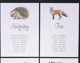 Woodland Animals Wedding Table Plan Cards / Country Wedding Animal Theme Table Plan Hanging Cards / Forest Seating Chart