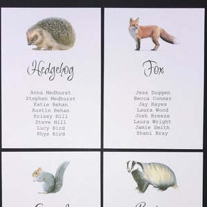 Cartes de plan de table de mariage animaux de la forêt / plan de table pour mariage champêtre / organisateur de salon animalier britannique / thème forêt