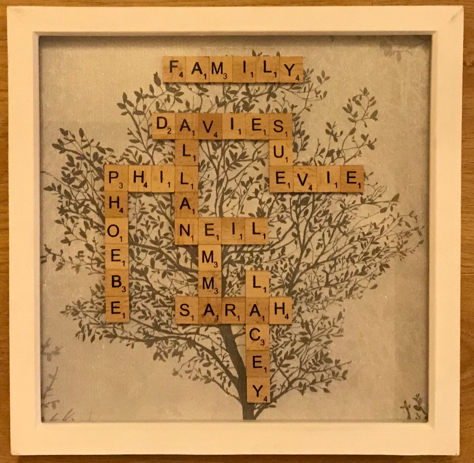Handmade Personalised Family Tree With Scrabble Letters Box Frame Gift Wrapped Handmade Personalised Family Tree With Scrabble Letters Box Frame Gift Wrapped