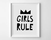 Baby girl room decor, girls rule, monochrome nursery print, girls prints Scandinavian print kids wall art print girls room prints wall print