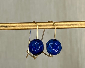 Faceted Blue Glass Bubble Earrings | 14K Gold Filled Hammered Wire Loop