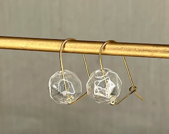 Faceted Transparent Glass Bubble Earrings | 14K Gold Filled Hammered Wire Loop