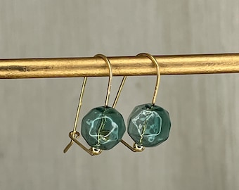 Faceted Sea Green Glass Bubble Earrings | 14K Gold Filled Hammered Wire Loop