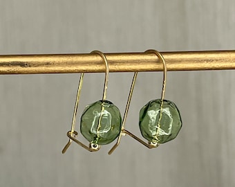 Faceted Peridot Green Glass Bubble Earrings | 14K Gold Filled Hammered Wire Loop