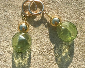Suspended Ball Faceted Peridot Green Glass Bubble Earrings | 14K Gold Huggie Hoops