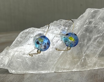 Blown Glass Bubble Earrings: Blue Swirl, Gold Filled or Sterling Silver Wire Loop