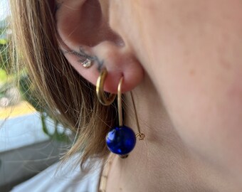 Cobalt Blue Blown Glass Earrings: Gold Filled or Sterling Silver Wire Loop