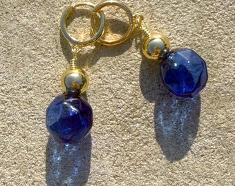 Suspended Ball Faceted Cobalt Blue Glass Bubble Earrings | 14K Gold Huggie Hoops