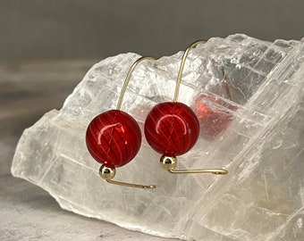 Red Striped Blown Glass Earrings: Gold Filled or Sterling Silver Wire Loop