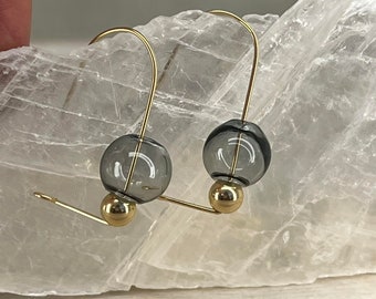 Smoke Gray Blown Glass Drop Earrings: Gold Filled or Sterling Silver Wire Loop