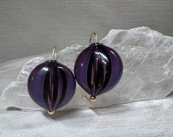 Amethyst Blown Glass Earrings: Striped Puffed Coin, 14K Gold Filled