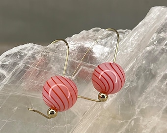 Pink Candy Stripe Blown Glass Earrings: Gold Filled or Sterling Silver Wire Loop