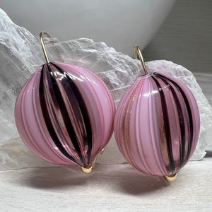 Rubino Pink with gold black striped accented puffed coin blown murano glass earrings | 14K Gold Filled Wire Loop