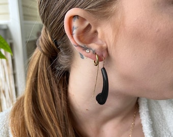 Jet Black Curved Teardrop Venetian Glass Blown Earrings | 14K Gold Filled Hammered Wire