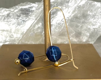 Faceted Blue Glass Bubble Earrings | 14K Gold Filled Hammered Wire Long Loop