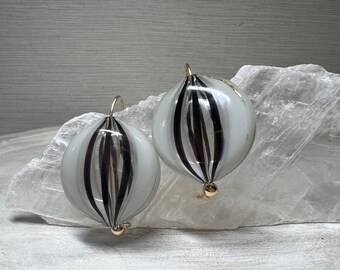 Blown Glass Earrings: Ivory, Gold & Black Striped 14K Gold Filled