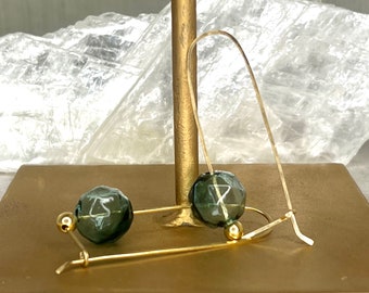 Faceted Sea Green Glass Bubble Earrings | 14K Gold Filled Hammered Wire Long Loop