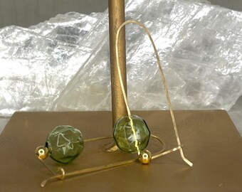 Faceted Peridot Green Glass Bubble Earrings | 14K Gold Filled Hammered Wire Long Loop