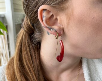Red Curved Teardrop Venetian Glass Blown Earrings | 14K Gold Filled Hammered Wire