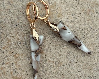 White Copper Calcite Drop Trillion Spike Earrings | 14K Gold Filled Huggie Hoops