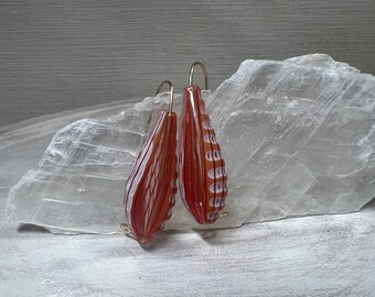 Red/Orange/White Sculpted Teardrop Murano Glass Blown Earrings | 14K Gold Filled Wire Loop