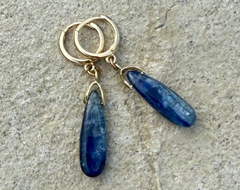 Blue Kyanite Drop Earrings | 14K Gold Filled Huggie Hoops