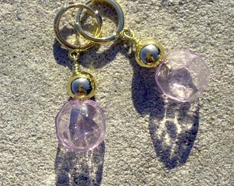 Suspended Ball Faceted Soft Pink Glass Bubble Earrings | 14K Gold Huggie Hoops