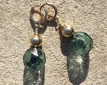 Suspended Ball Faceted Sea Green Glass Bubble Earrings | 14K Gold Huggie Hoops