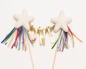 CLASSIC BRIGHT RAINBOW / needle felt star cake topper  // customize your cake topper with your little one's name or age!