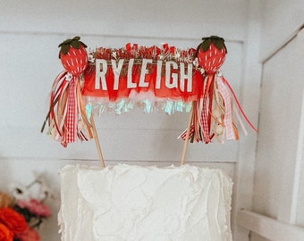 Strawberry FRINGE CAKE TOPPER // Customize your cake topper with your little one's name or age!