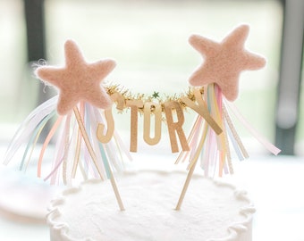 COTTON CANDY DREAMS // light pink needle felt star cake topper  // customize with your little one's name or age!