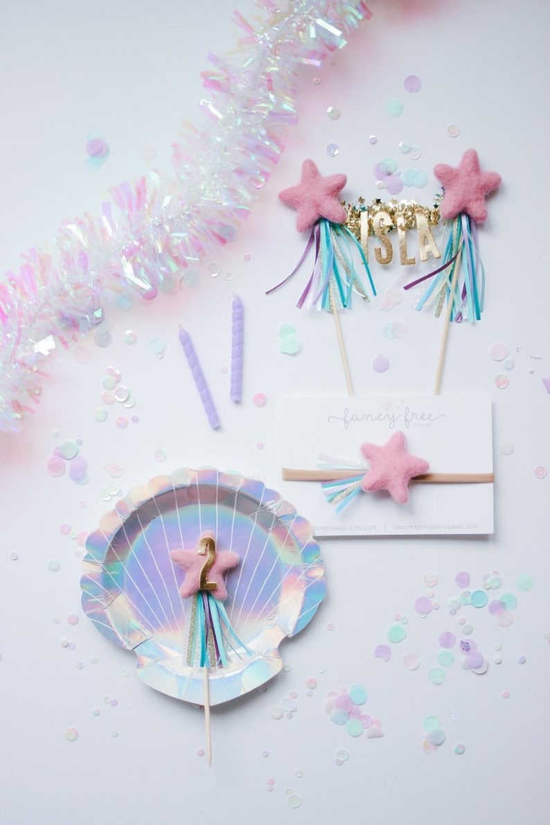 MERMAID MAGIC // light purple needle felt star cake topper // customize your cake topper with your little one's name or age image 4