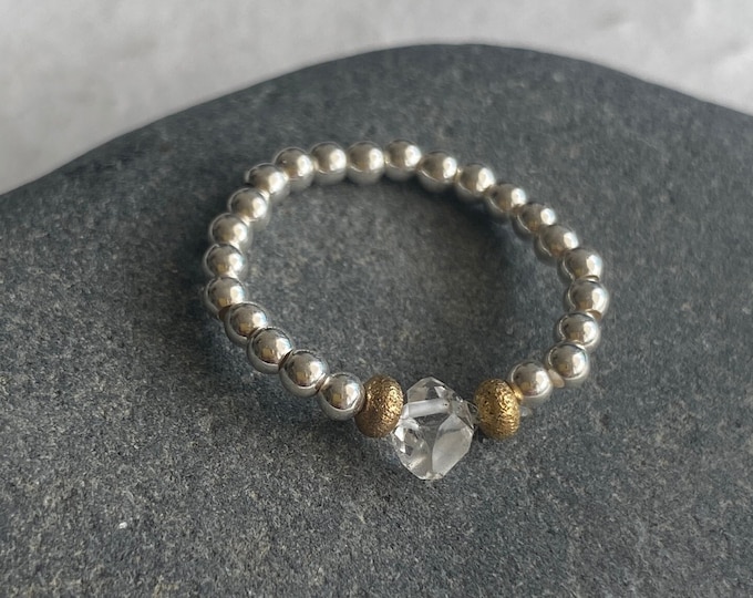 Elastic ring with sterling silver, vermeil and herkimer diamond