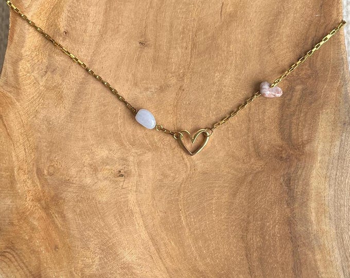 Gold plated heart necklace with agate and jasper Beads