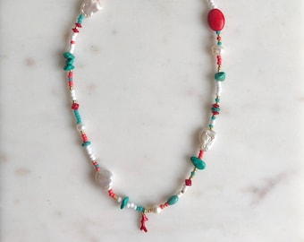 Necklace in maritime style with freshwater pearls, glass, turquoise and coral beads