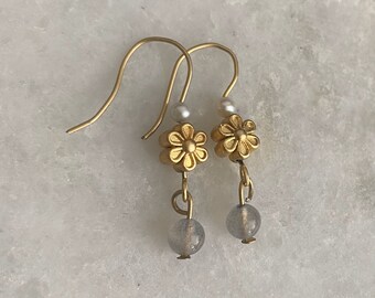 Dainty matte gold plated  hook earrings with small freshwater pearls, matte gold flowers and labradorite beads
